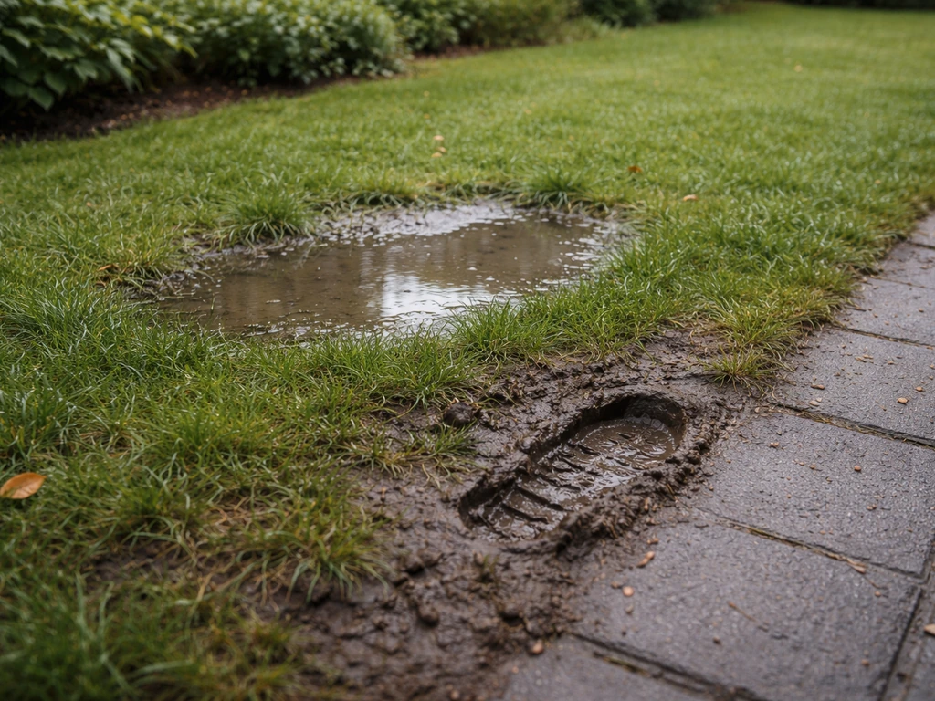 Loopinspectie na regen: natte plekken in het gazon met waterplas en grond waar voeten wegzakken.