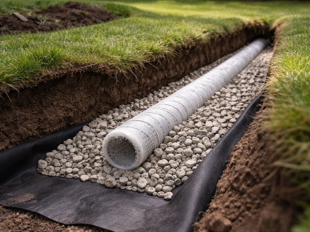 Werkfoto van drainageopbouw: drainagebuis met filterkous, grindkoffer en geotextiel onder grasmat met helling.