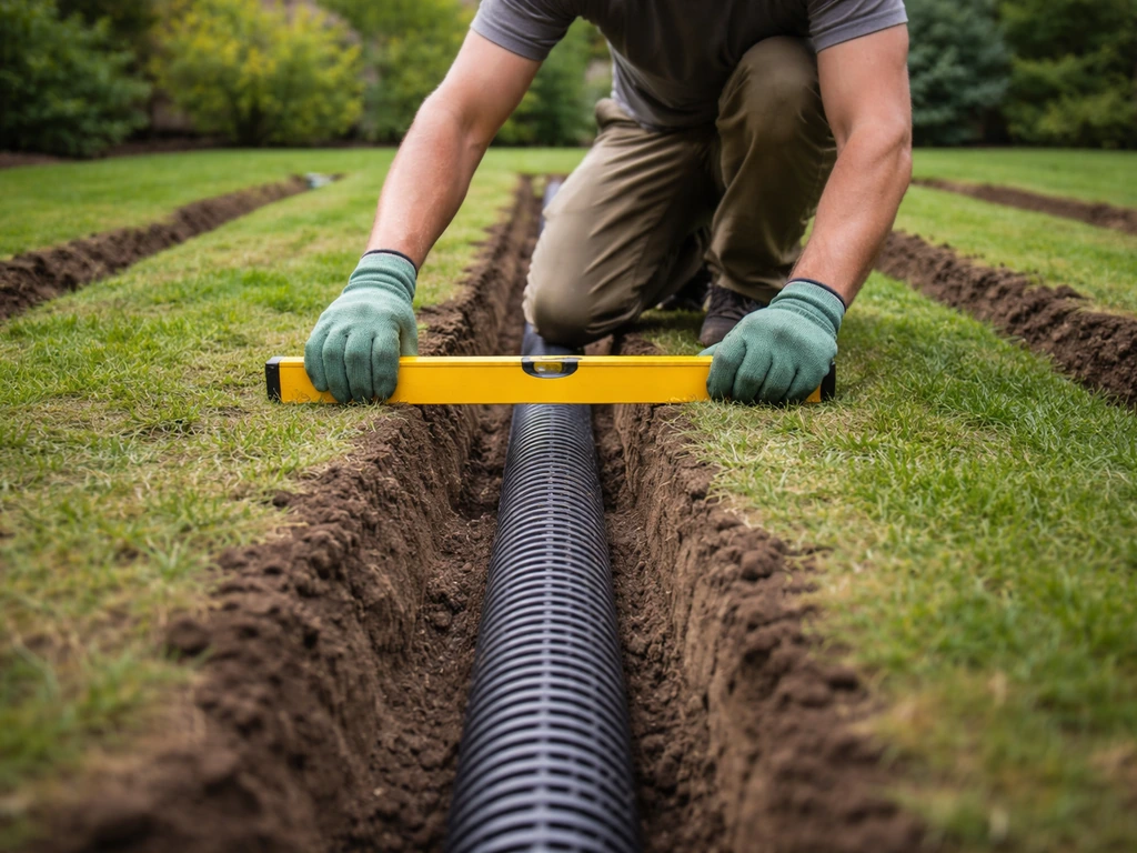 Gazon met visgraat/parallelle drainagegreppels en een waterpas/meetlat die de helling toont richting afvoer.