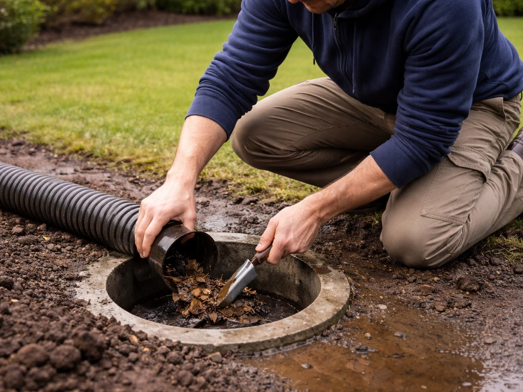 Anonieme persoon controleert en maakt het afvoerpunt van drainage schoon; gazon blijft daarna egaal droog.
