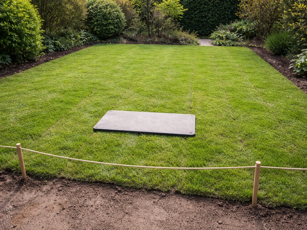Nieuw aangelegd gazon met verse graszoden en een afgebakende loopplaat die aangeeft dat je nog niet moet betreden.
