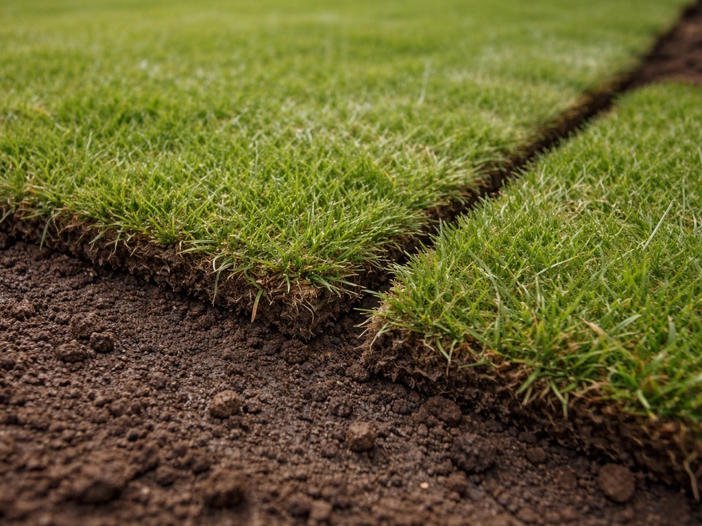 Close-up van net gelegde graszoden met zichtbare naden, licht aangedrukt in de grond