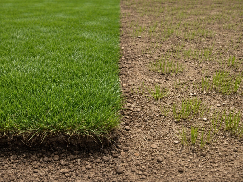 Twee gescheiden stukken gazon: bewortelde graszoden met tapijt naast kale grond met fris groen ontkiemend graszaad.