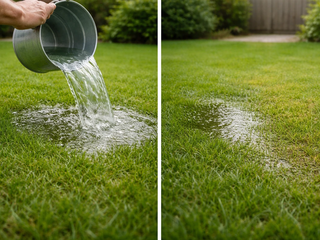 Hand giet water in een emmer over het gazon; zichtbare plas en snel wegtrekkend water.