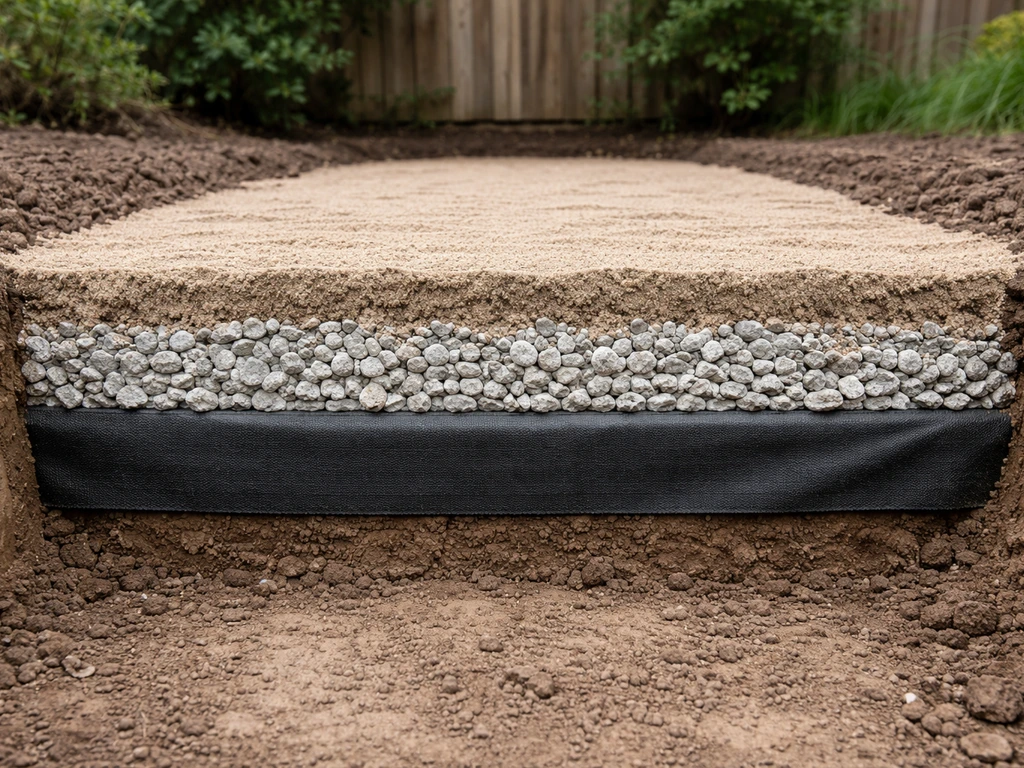 Zijaanzicht van lagen onderbouw: worteldoek, drainagekiezel en zand op uitgegraven bodem.