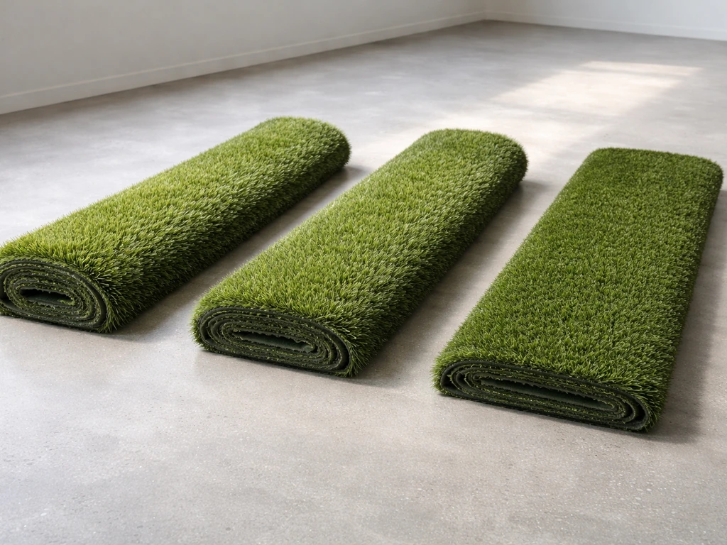 Drie stroken kunstgras met verschillende poolhoogte naast elkaar op een betonnen vloer in een showroom.