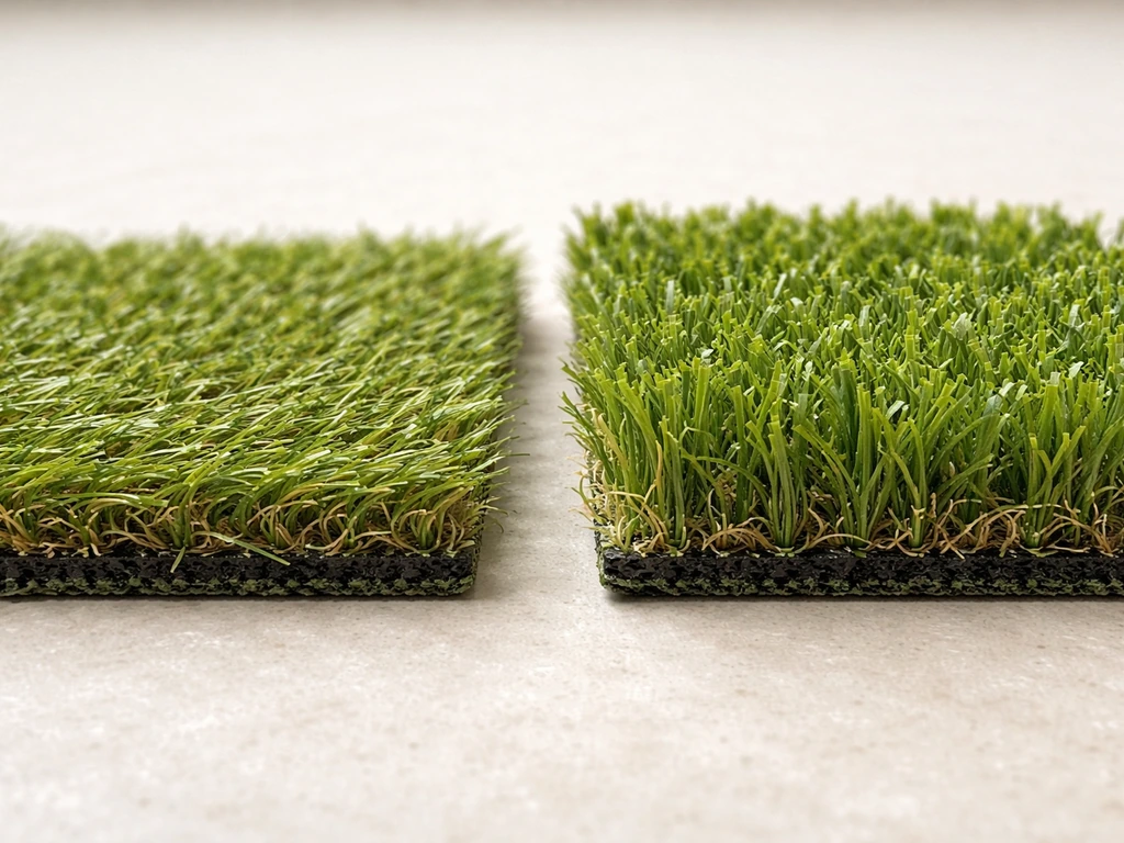Close-up van kunstgrasvezels: links dun en plat, rechts veerkrachtig en realistischer.