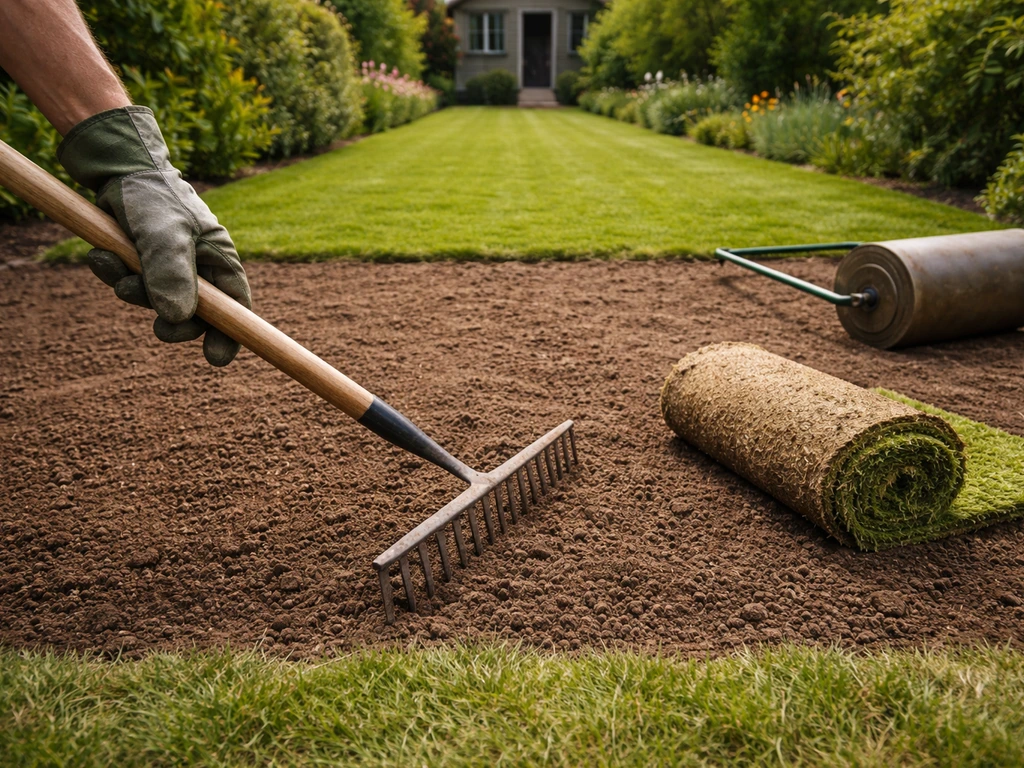 Nette uitgegraven strook in een Nederlandse tuin met hark en grasrol, klaar voor opnieuw aanleggen van het grasveld.