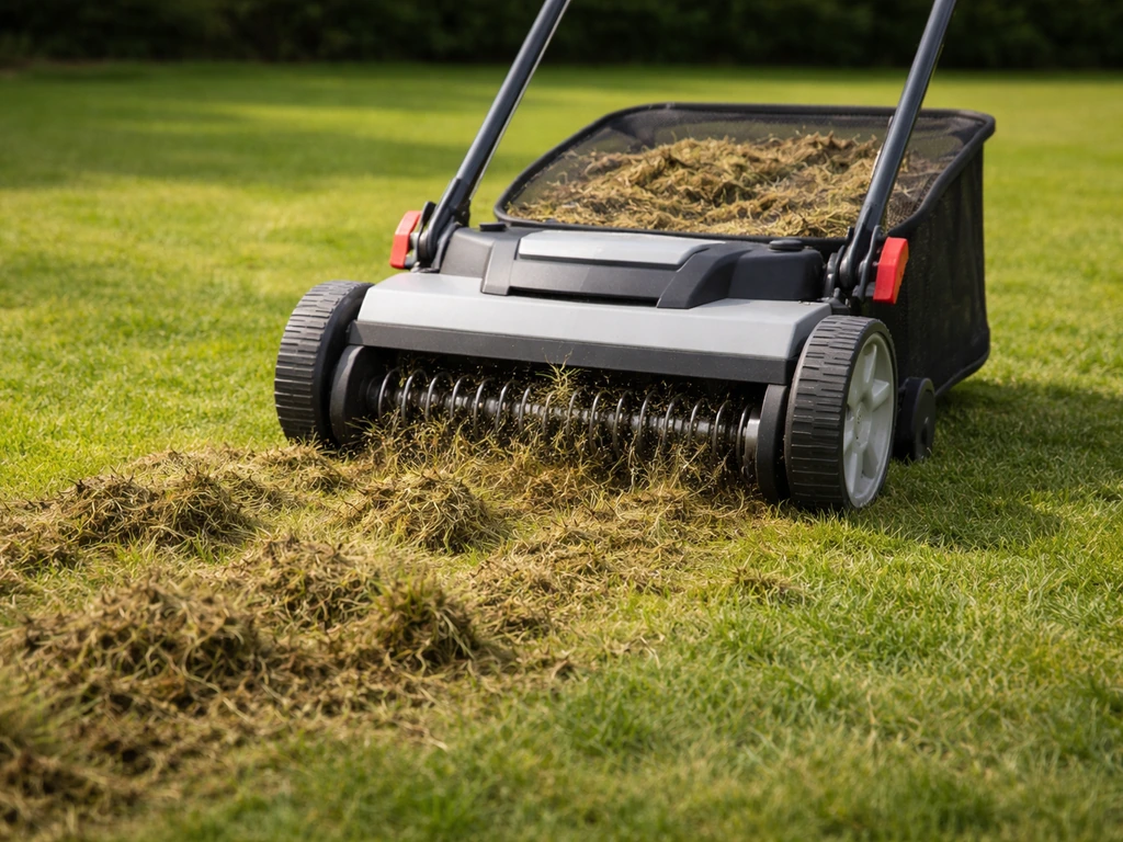 Verticuteermachine die mos en oud gras losmaakt, met opgevangen resten op een gazon