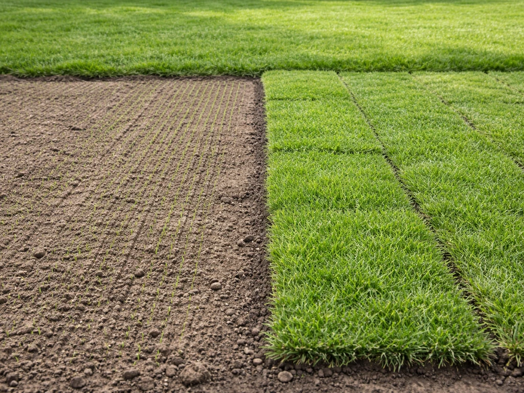Twee naast elkaar: vers gezaaide strook met zaadbed links en strak gelegde graszoden rechts in een tuin.