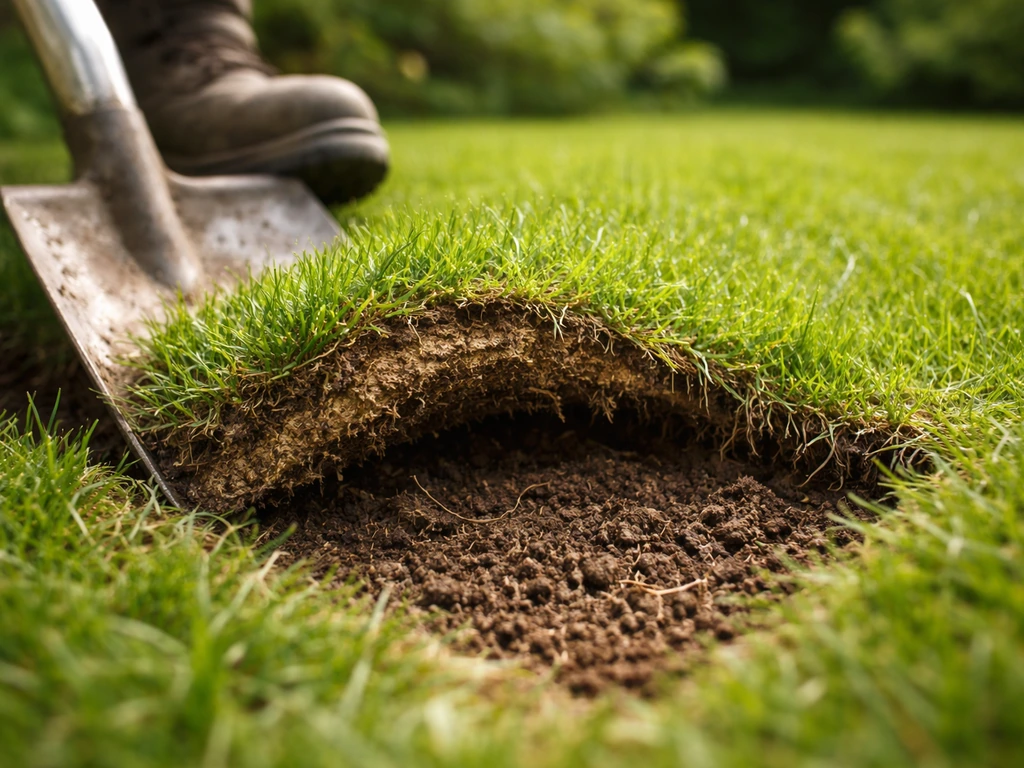 Close-up van een grasmat die met een spade is opgelicht, met zicht op bodemlaag en mogelijk vilt/moos.