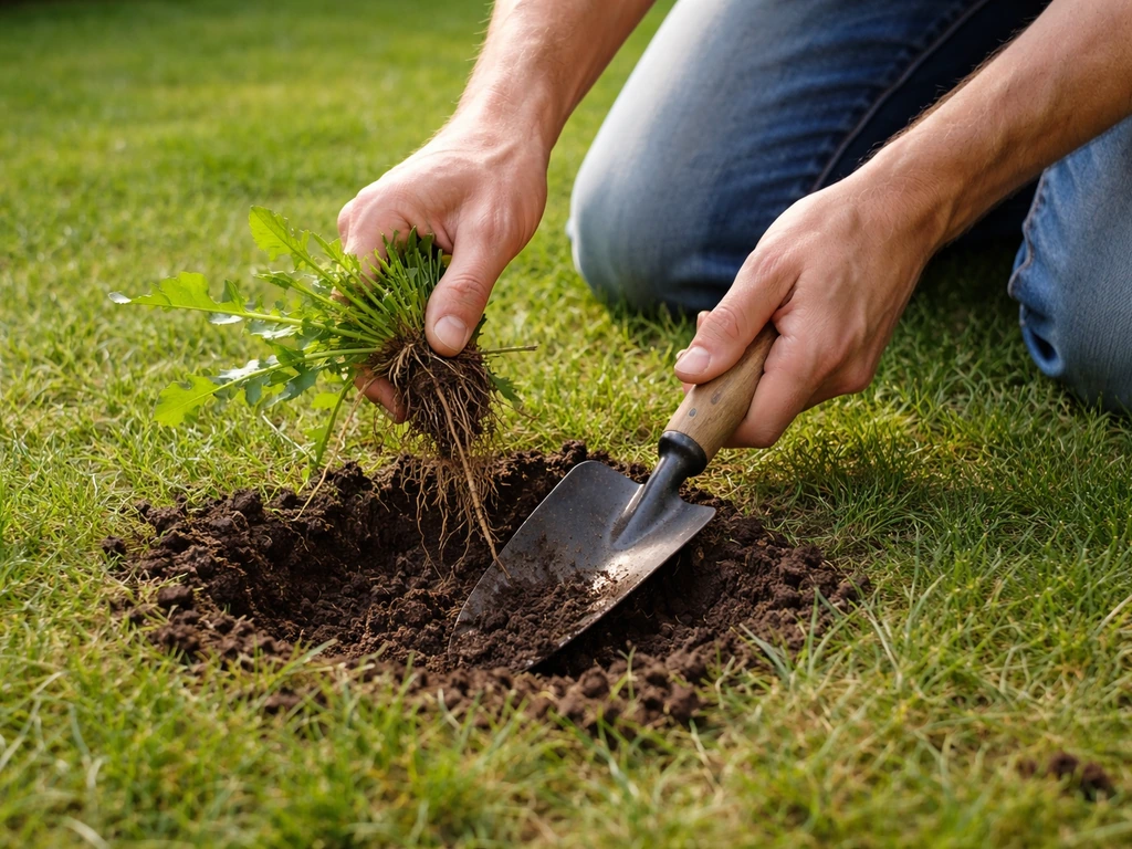 Close-up van een handmatig uitgegraven wortelonkruid uit een gazon, met tuinschep en aarde.