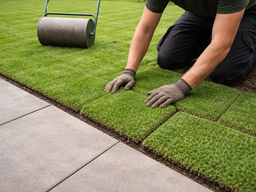 Tuinman drukt graszoden langs een rechte terrasrand, naden strak en wals maakt de zode stevig