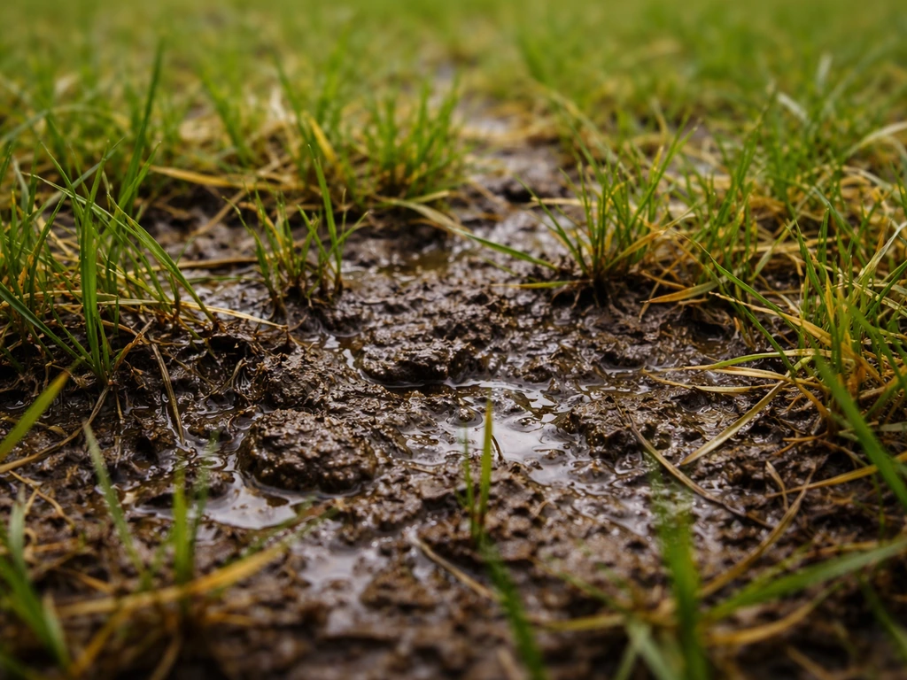 Close-up van verdichte, waterverzadigde grond met beschadigd gras dat naar zuurstofgebrek lijkt te wijzen