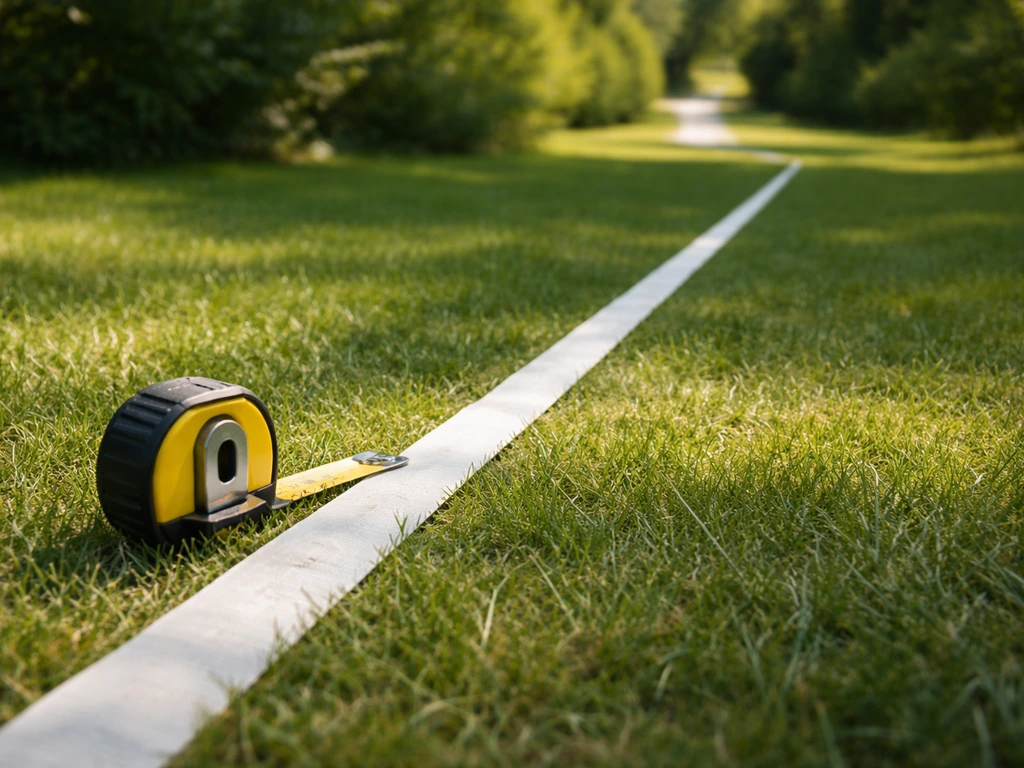 Rolmaat en afplaktape op gras die een werkzone afbakenen rondom een aanvoerroute voor een zwembad.