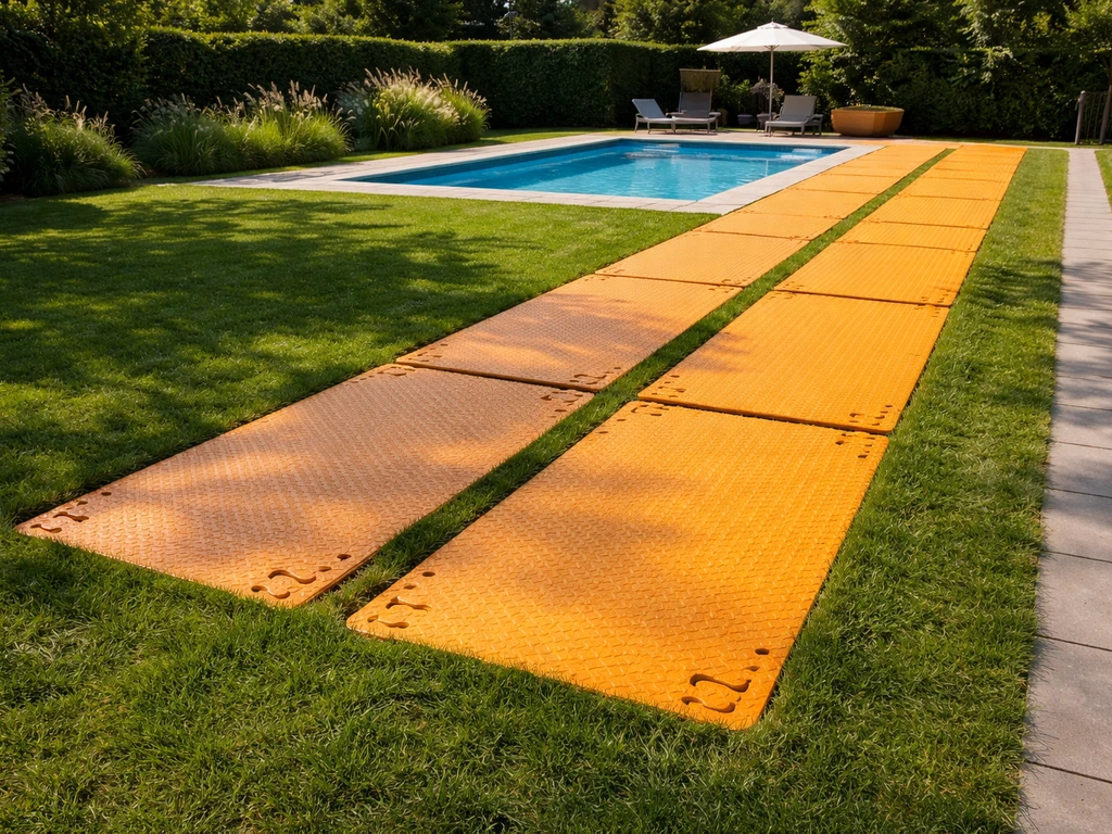Oranje/gele kunststof rijplaten als looproute over gras naast een zwembad, ter bescherming tegen platdrukken.