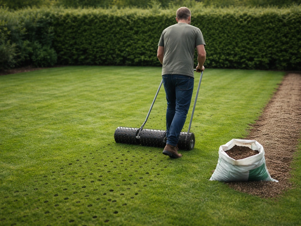 Tuinman op een grasveld met prikrol en strook topdressing klaar voor beluchten en doorzaaien