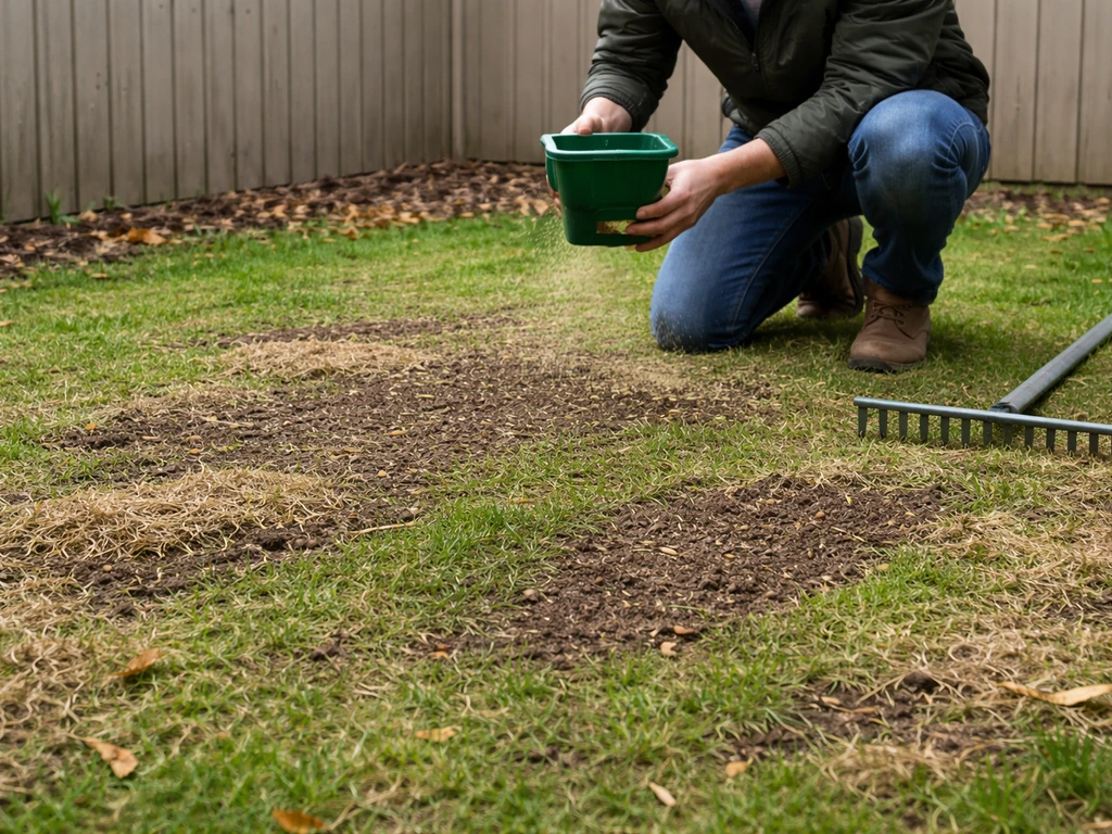Persoon strooit graszaad uit over een kaal gazonstuk, met zichtbare verticuteerresten en een hark in de tuin.