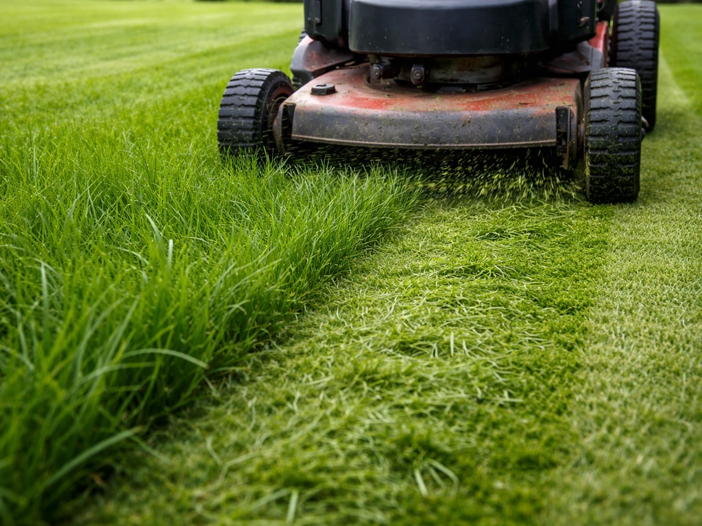 Close-up van een grasmaaier die vers gemaaid gras en maaisel achterlaat, met aandacht voor maaihoogte.