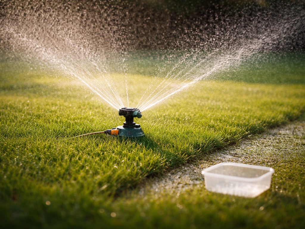 Sproeier die water nevelt over een klein stuk gazon, met zichtbare waterverdeling en vochtige grasrand.