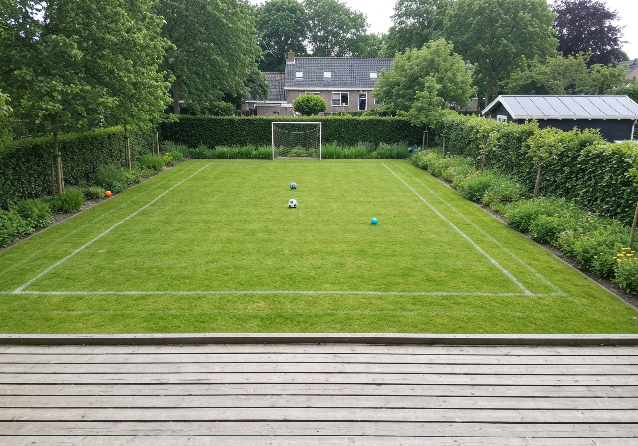 Bovenaanzicht van een Nederlandse tuin met een afgebakende grasstrook en sportspullen voor kinderen/jeugd.