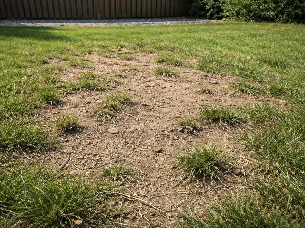 Beschadigd siergazon met kale plekken en verdroogde schollen na intensief gebruik in een tuin.