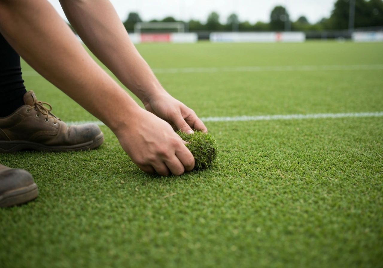 Handen strooien graszaad op een voorbereide ondergrond voor sportgras, met een eenvoudige strooier op de grond.