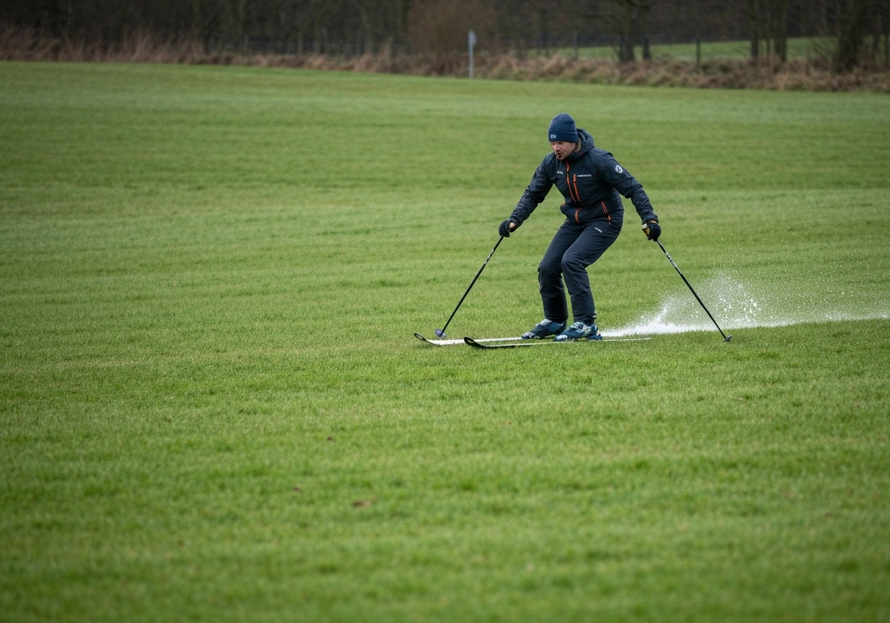 Voorzichtige grasskier op een vlak, gemaaid Nederlands gazon, met focus op ski en grascontact.