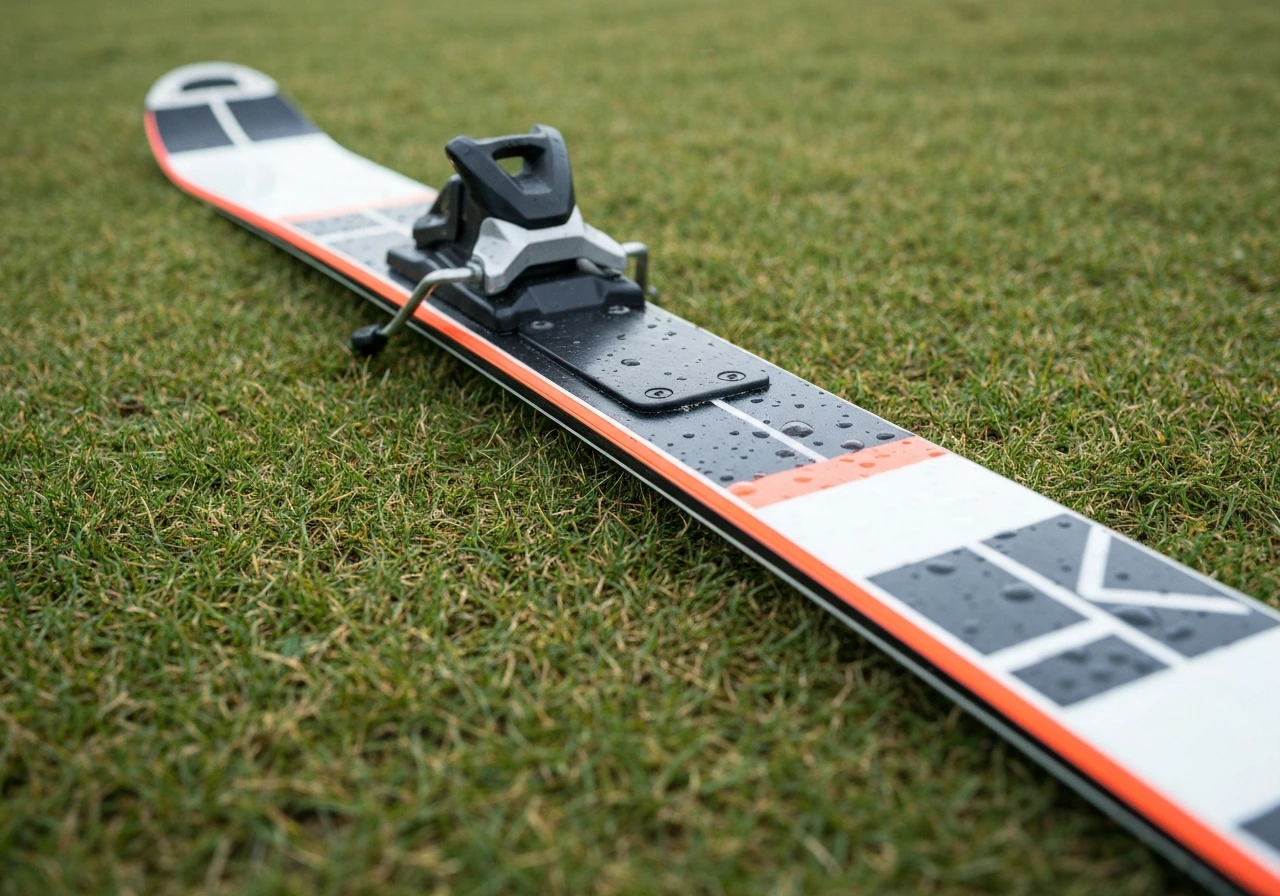 Close-up van een ski op nat gras, met duidelijk contact met grassprieten en hogere wrijving.