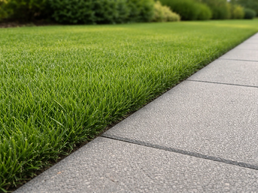 Strakke groene tuinafscheiding van gras met een rechte begrenzing langs een tuinpad