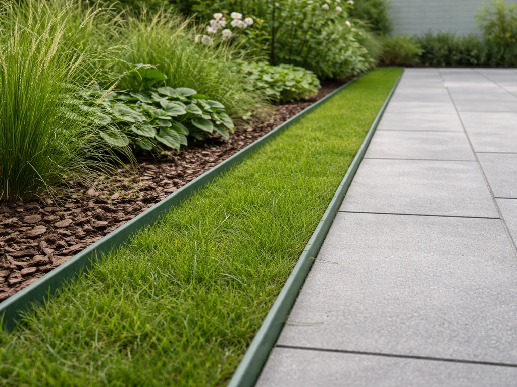Groene grasrand die twee tuinzones scheidt langs een pad met verharding in een rustige tuin.