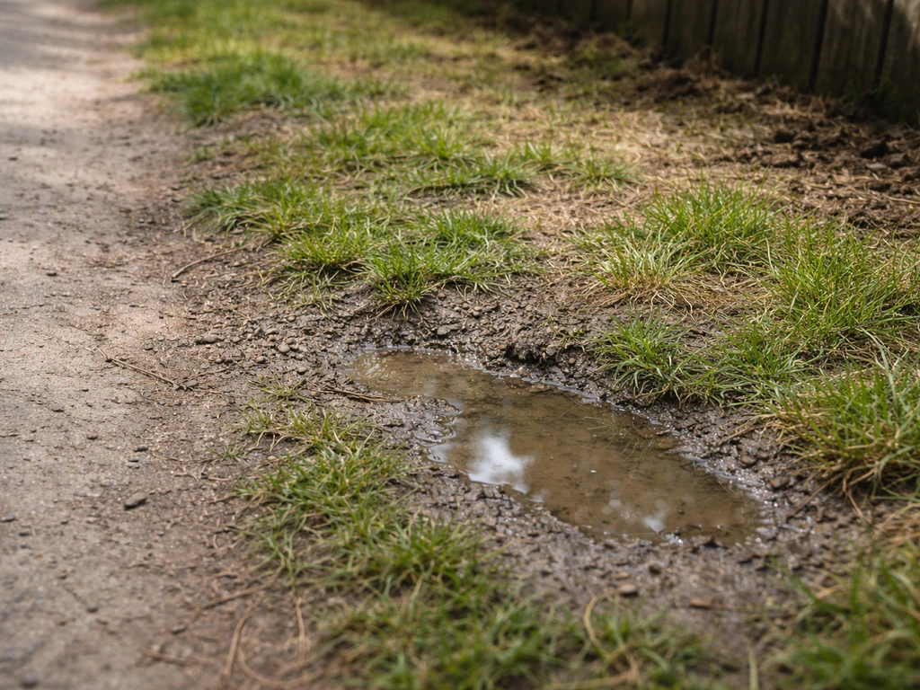 Grasrand met kale plekken en water dat blijft staan in een kuiltje door slechte bodemvoorbereiding
