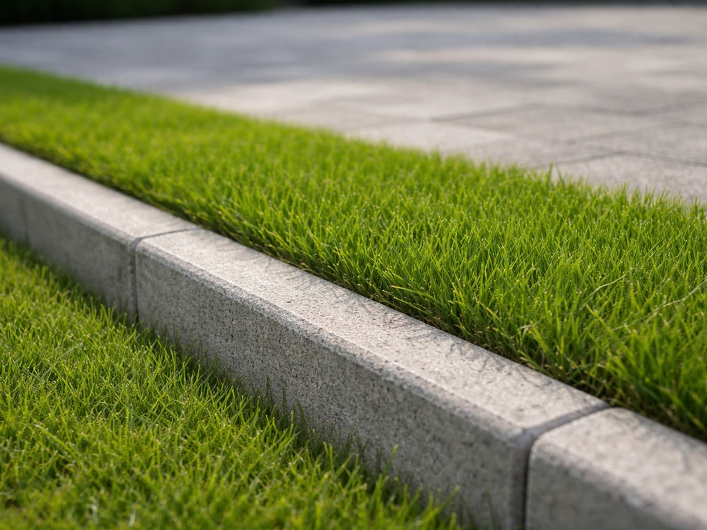 Strakke afgebakende grasstrook met een beton opsluitband als harde rand in een nette tuin.