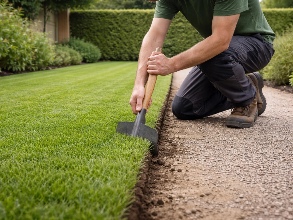 Tuinier die met een graskantenteker de strakke rand van het gazon afsteekt na het maaien