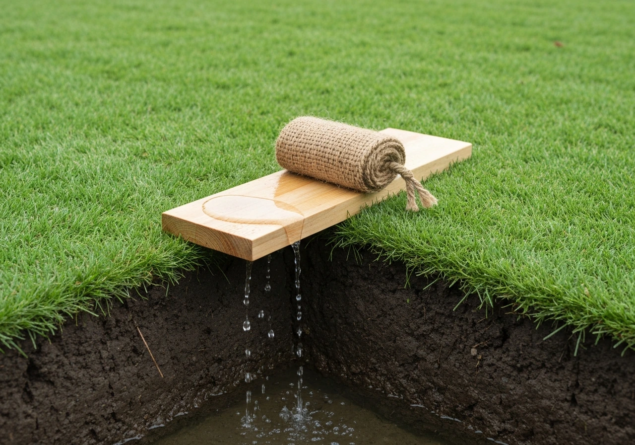 Bovenaanzicht van ingezaaide tuinstrook met stro/jute afdekmateriaal en waterdruppels op de deklaag.