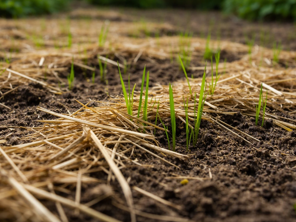 Eerste groene gras sprieten komen door gedeeltelijk achtergelaten afdekking heen in een tuinbed.