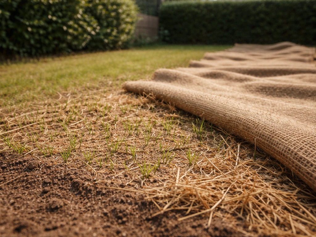 Warme zomer tuinrand met ingezaaid gras, afgedekt met stro/jute tegen uitdroging, subtiele zonlichtsfeer