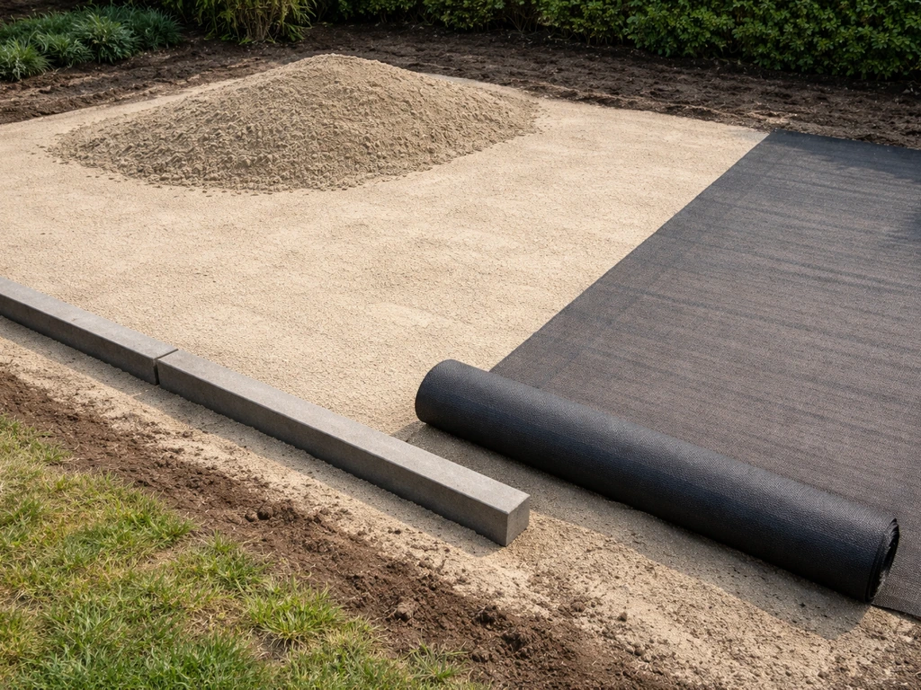 Voorbereide tuin met lagen voor rubbertegelvloer: scherp zand, opsluitbanden en anti-worteldoek op maat.