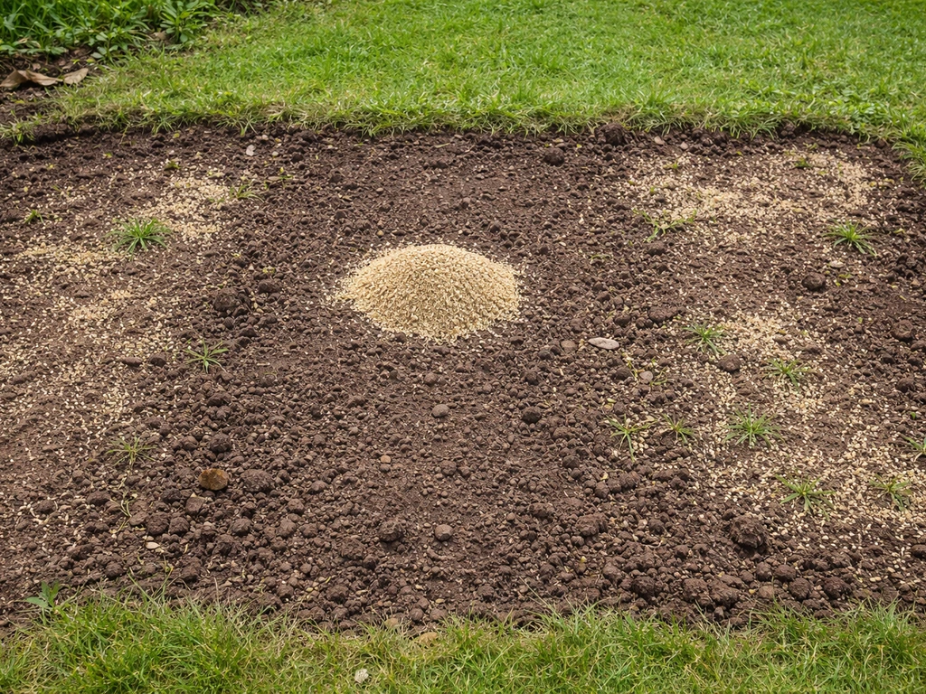 Bovenaanzicht van opengewerkte tuin met kale grasplekken, klaar met graszaad en zaaimateriaal