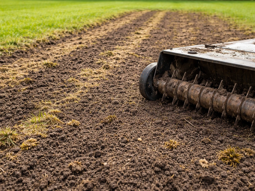 Close-up van opgefriste grasbodem na verticuteren: mos en grasvilt verwijderd, bodem los en geëgaliseerd.