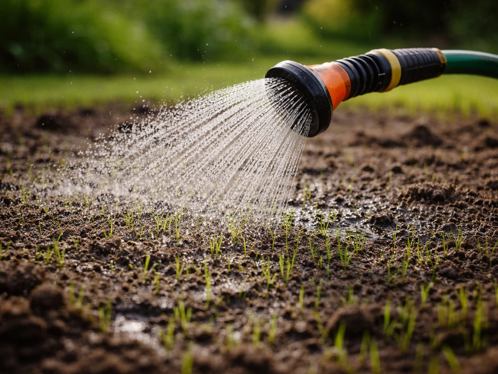 Regen-/slangsproeier geeft voorzichtig water aan net ingezaaid gazon met een zichtbaar vochtige toplaag.