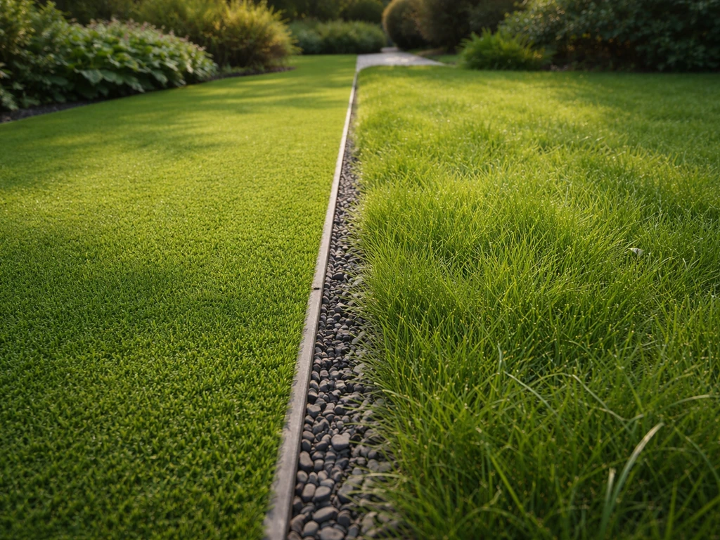 Overzicht van tuin met kunstgras en echt gras die strak en natuurlijk in elkaar overlopen.