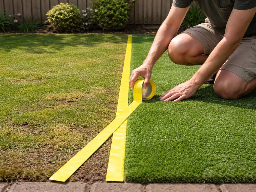 Tuin met afbakening op de grond: markeertape voor zones met echt gras en zones met kunstgras.