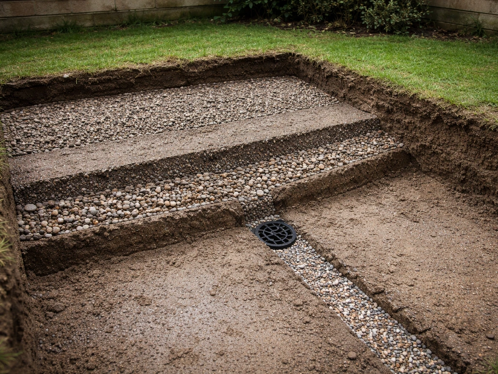 Kleine tuinopbouw met grind en split, zichtbare afwatering richting afvoerkanaal na regen-geïnspireerde setting