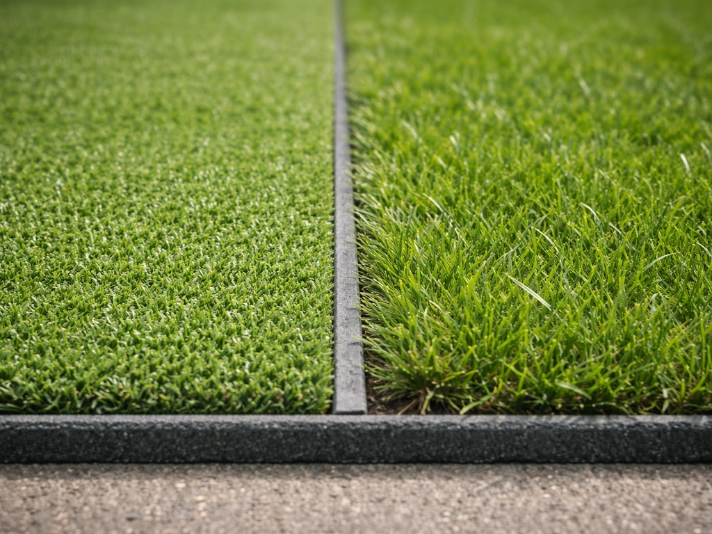 Close-up van kunstgrasrand die strak aansluit op echt gras, met nette randafwerking en gelijke hoogte.