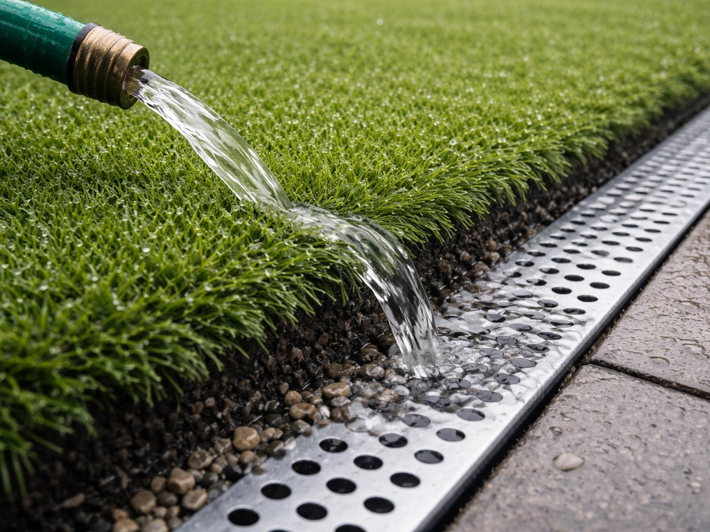 Kunstgras met zichtbare peilovergang waar een waterstraaltje gecontroleerd naar de afwatering stroomt.