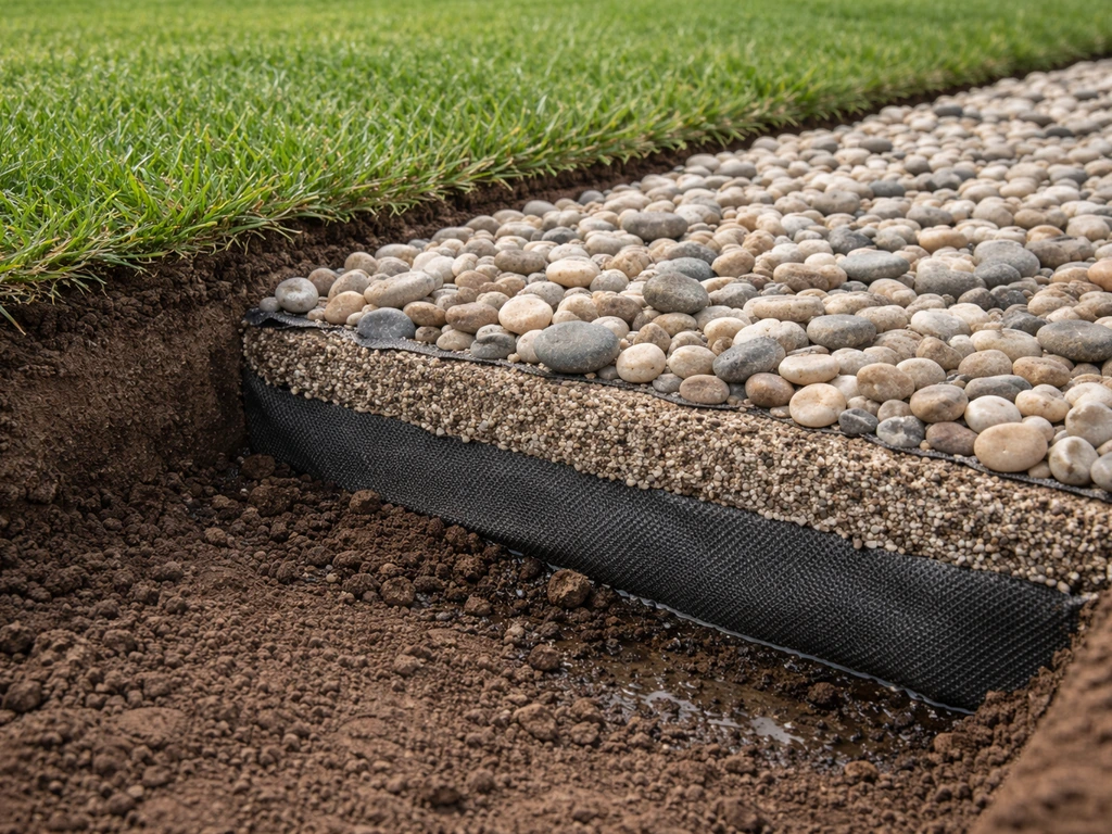 Detail van een grindopbouw in de bodem met waterdoorlatend worteldoek en lagen voor drainage