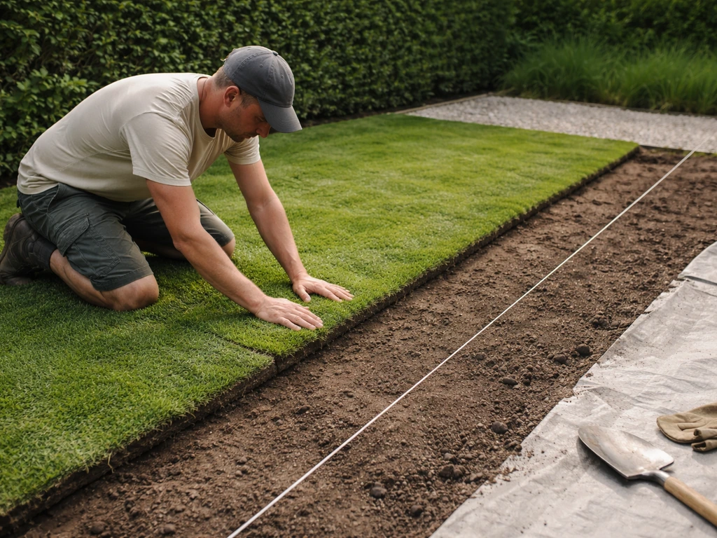 Graszode strak langs een krijtlijn, met voorbereide randzone voor grind in een tuin.