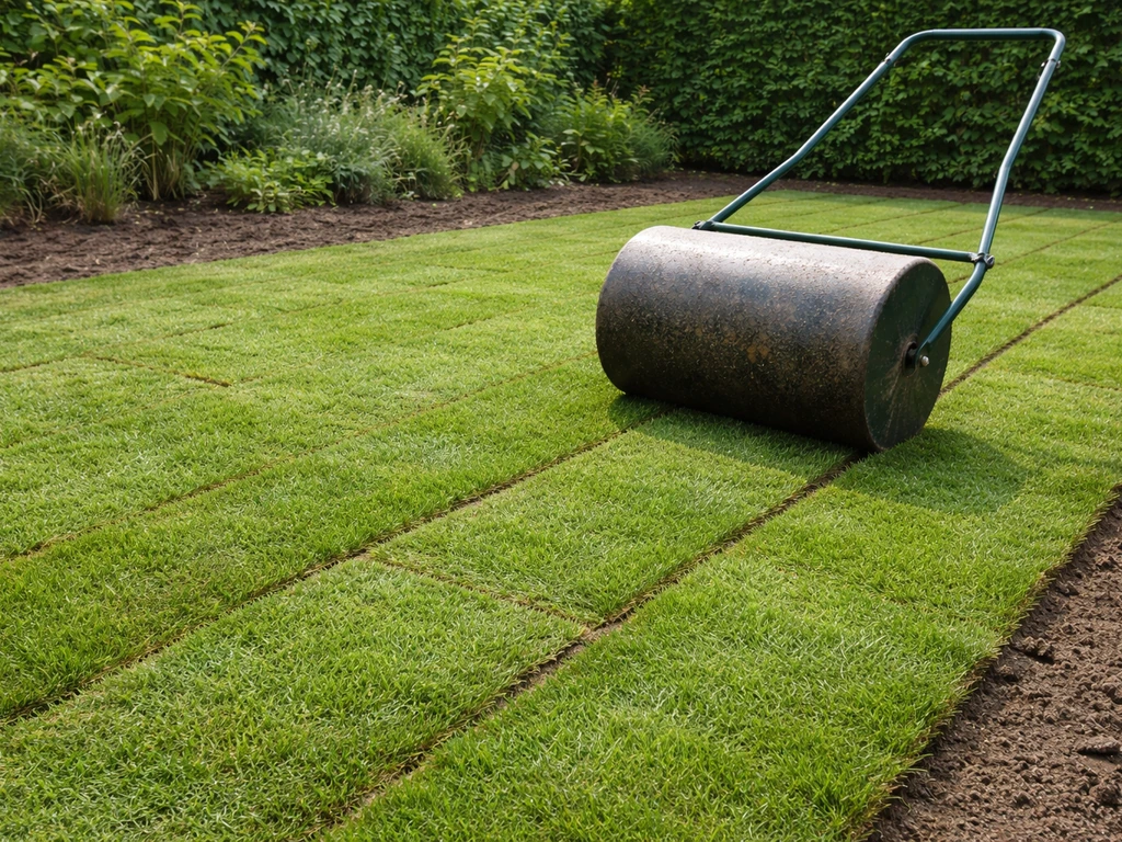 Een gazonwals rolt over net gelegde graszoden in een rustige tuin, met zicht op de naden en vers gras.