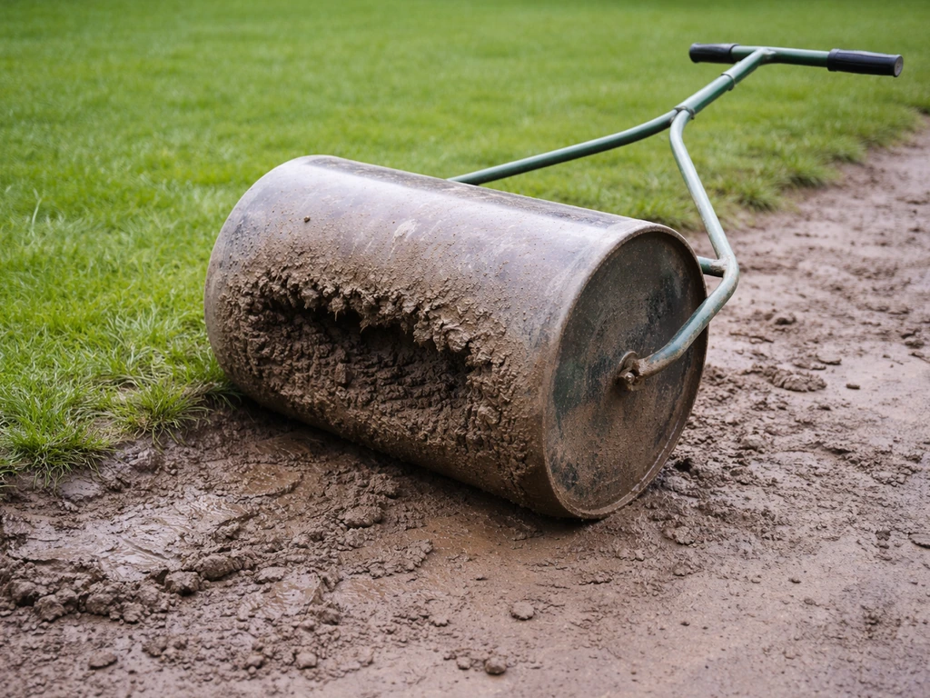 Een gazonwals die stil staat naast kleverige, modderige grond op een gazon, passend bij te natte bodem.